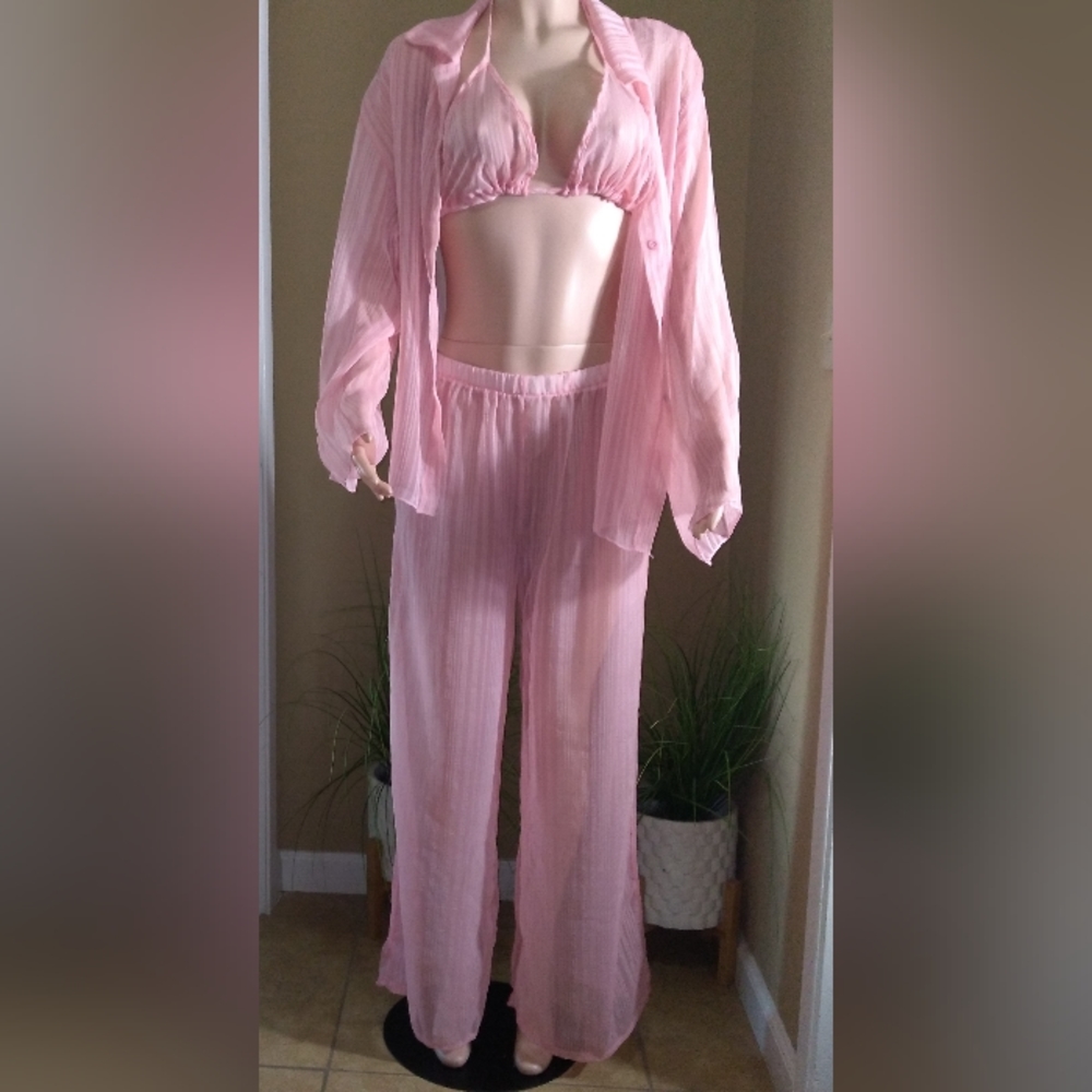 3 Piece Sheer Pink Sexy Swimsuit Pants Set - Picture 12 of 12